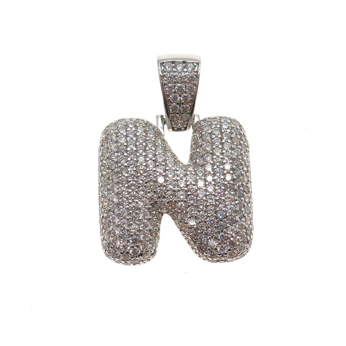 925 Sterling Silver Round-Cut C Z Letter N Initial Charm Pendant