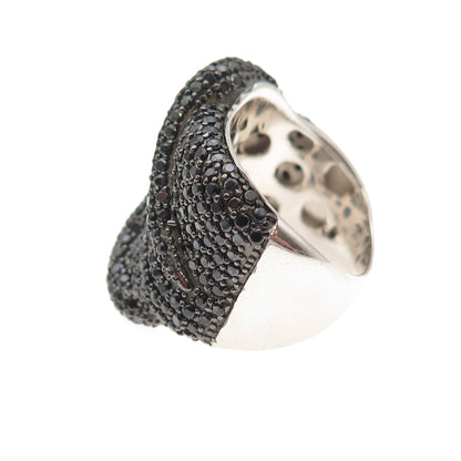 925 Sterling Silver Real Round-Cut Black Spinel Wavy Ring Size 5