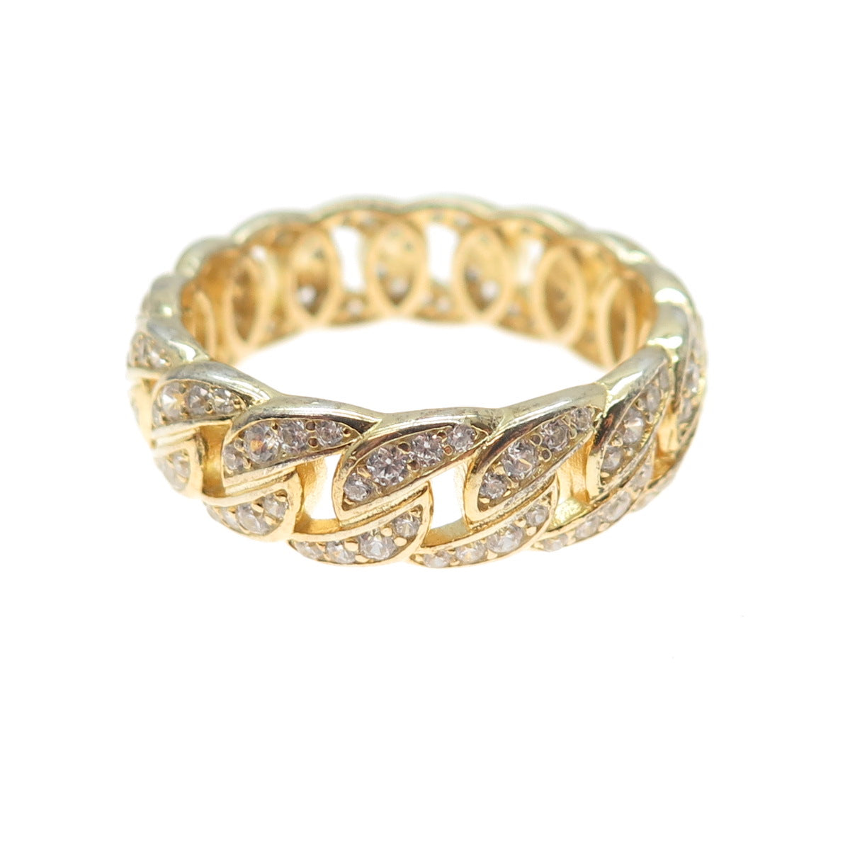 925 Sterling Silver Gold Plated Round-Cut C Z Curb Link Band Ring Size 13