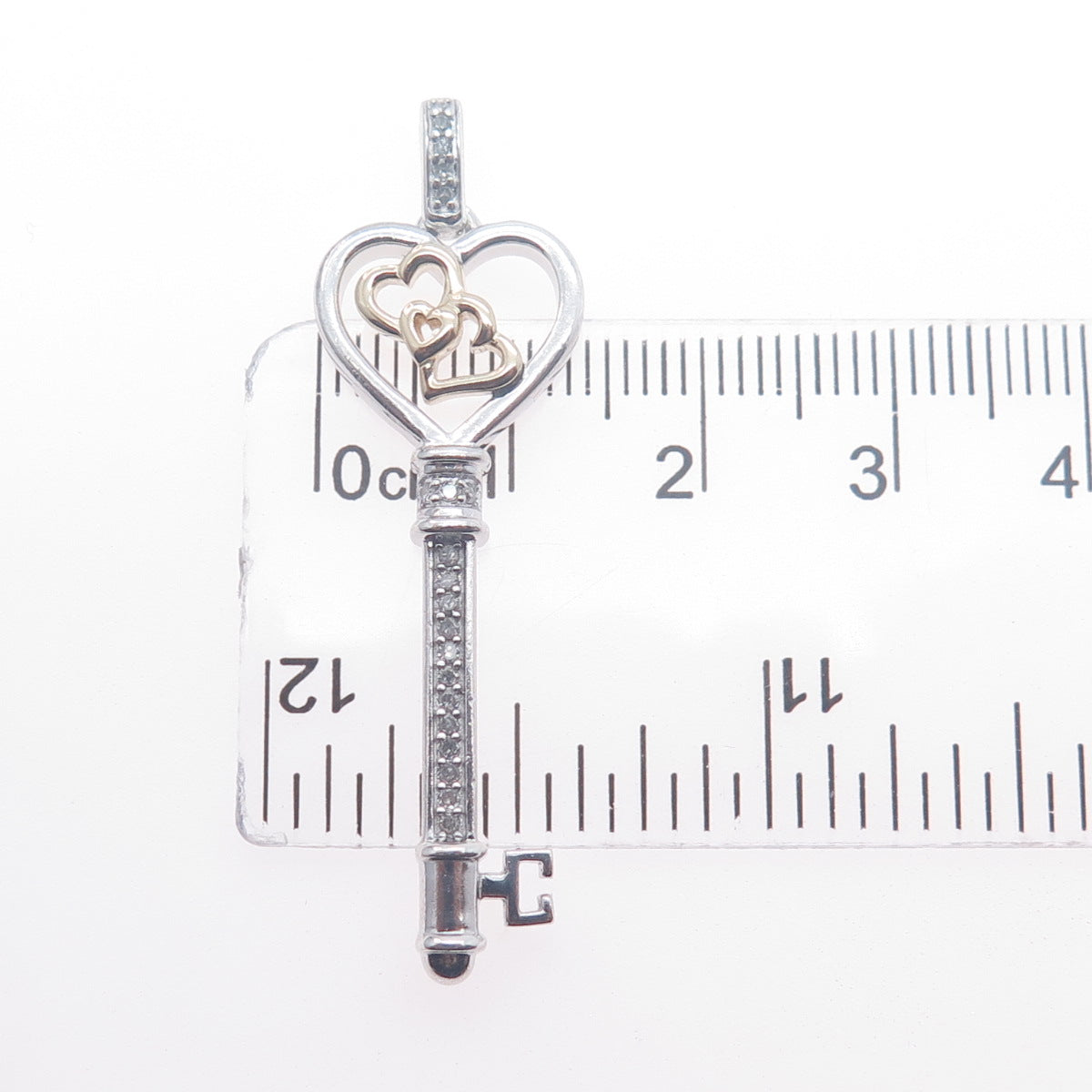 925 Sterling Silver 14K Gold Real Diamond Couple Heart Key Charm Pendant