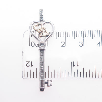 925 Sterling Silver 14K Gold Real Diamond Couple Heart Key Charm Pendant