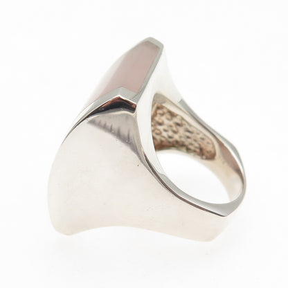 925 Sterling Silver Vintage Real Rose Quartz Modernist Statement Ring Size 7