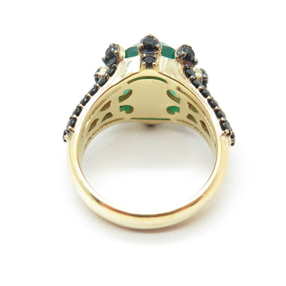 925 Sterling Silver Gold Plated Checkered Green Onyx & Black Spinel Ring Size 7