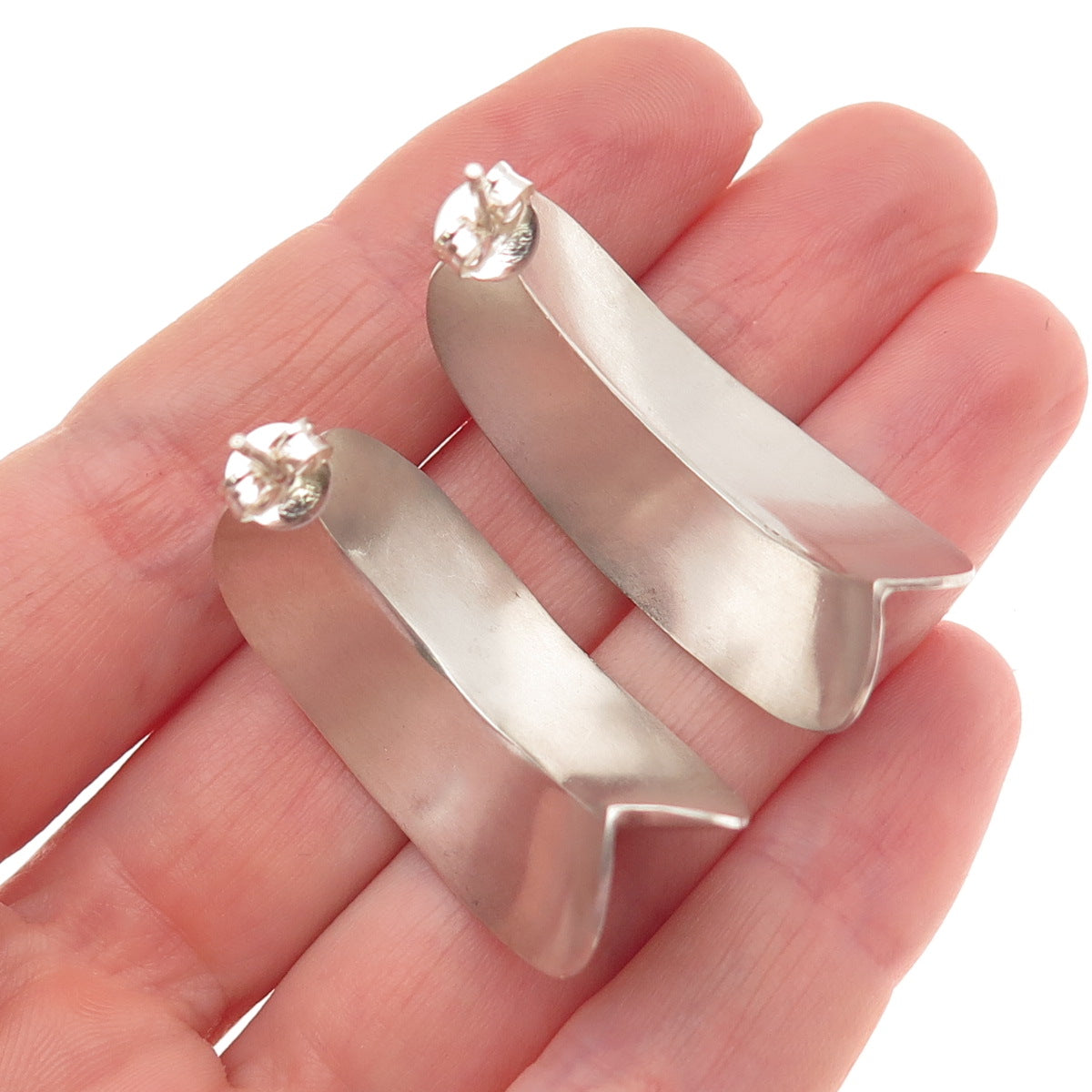 925 Sterling Silver Vintage Modernist Crescent Hoop Earrings