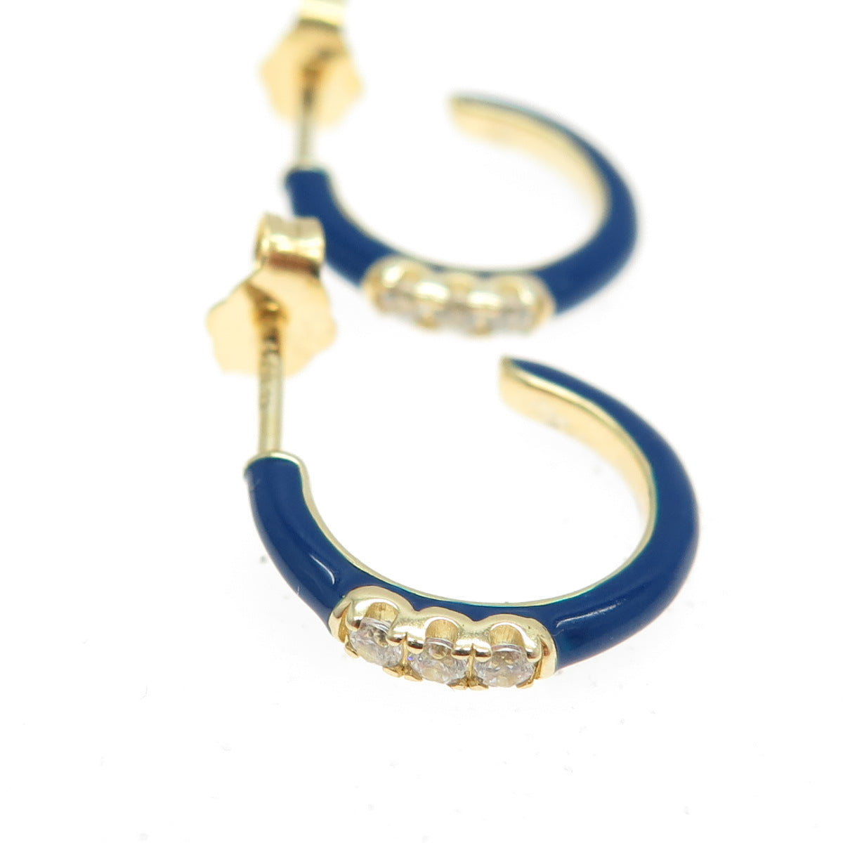 925 Sterling Silver Gold Plated C Z & Blue Enamel Half Hoop Earrings