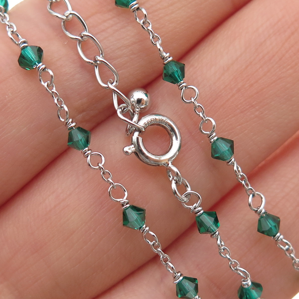 925 Sterling Silver Vintage Green Glass Beaded Chain Necklace 15-16"