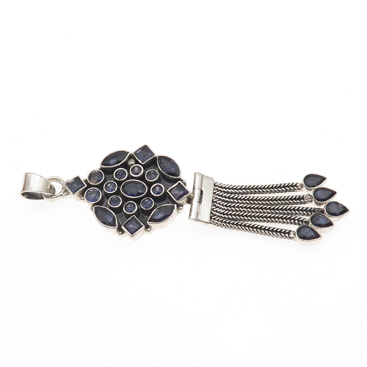 925 Sterling Silver Vintage Real Iolite Modernist Tassel Oxidized Pendant