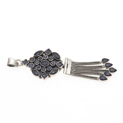 925 Sterling Silver Vintage Real Iolite Modernist Tassel Oxidized Pendant