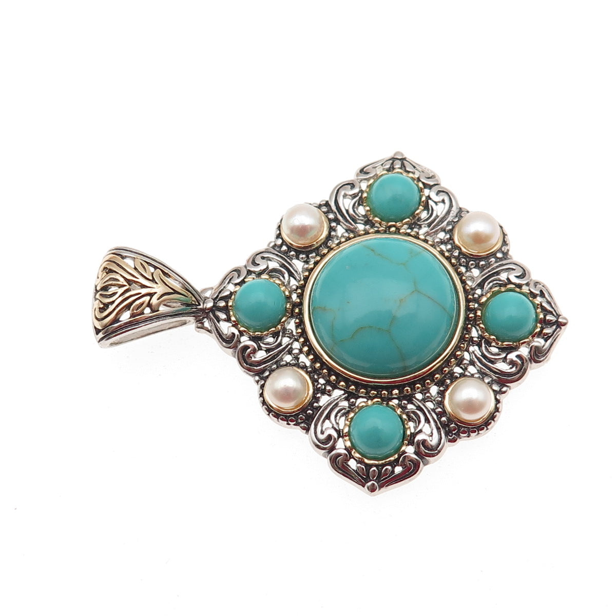 925 Sterling Silver 2-Tone Vintage Real Tyrone Turquoise & Pearl Pendant
