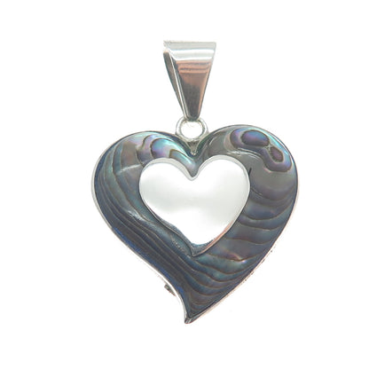925 Sterling Silver Vintage Mexico Taxco Real Abalone Shell Heart Pendant