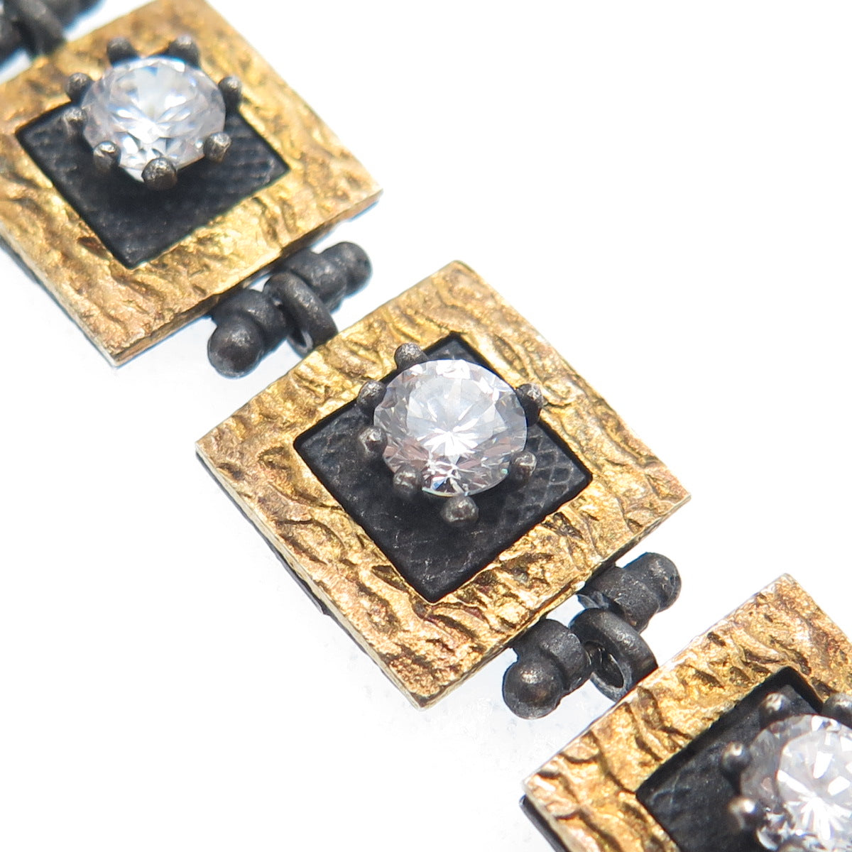 925 Sterling Silver 2-Tone Vintage C Z Modernist Panel Link Oxidized Bracelet 7"