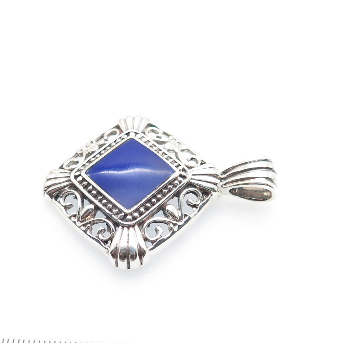 925 Sterling Silver Vintage Mexico Real Lapis Ornate Oxidized Charm Pendant