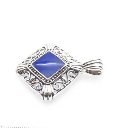 925 Sterling Silver Vintage Mexico Real Lapis Ornate Oxidized Charm Pendant