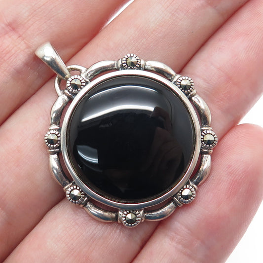 925 Sterling Silver Vintage Real Black Onyx & Marcasite Oxidized Pendant