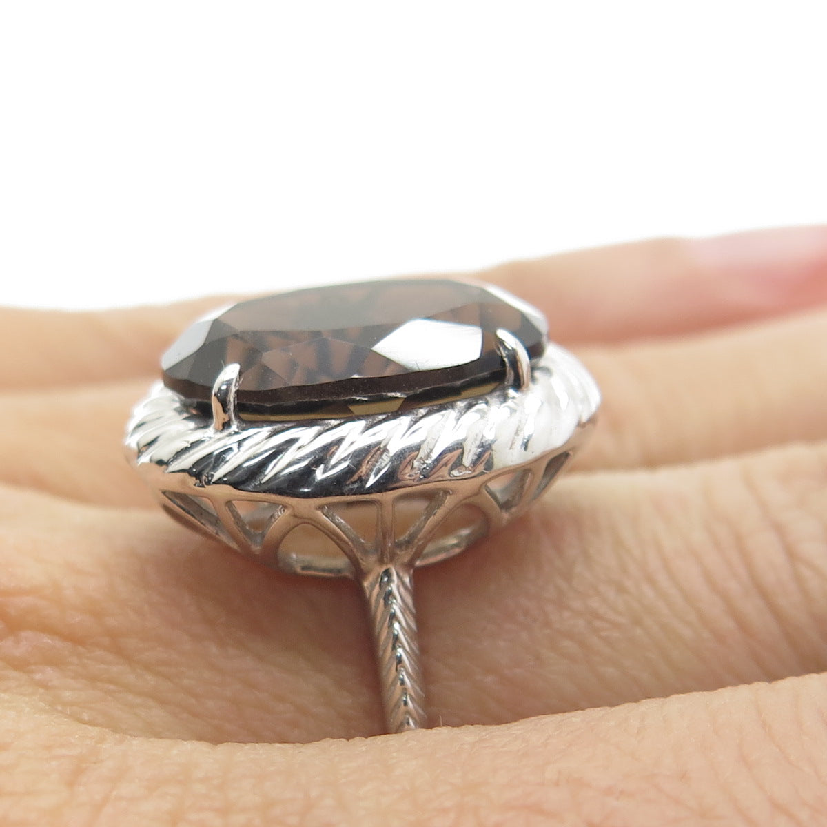 925 Sterling Silver Real Oval-Cut Smoky Quartz Twisted Ring Size 6.5