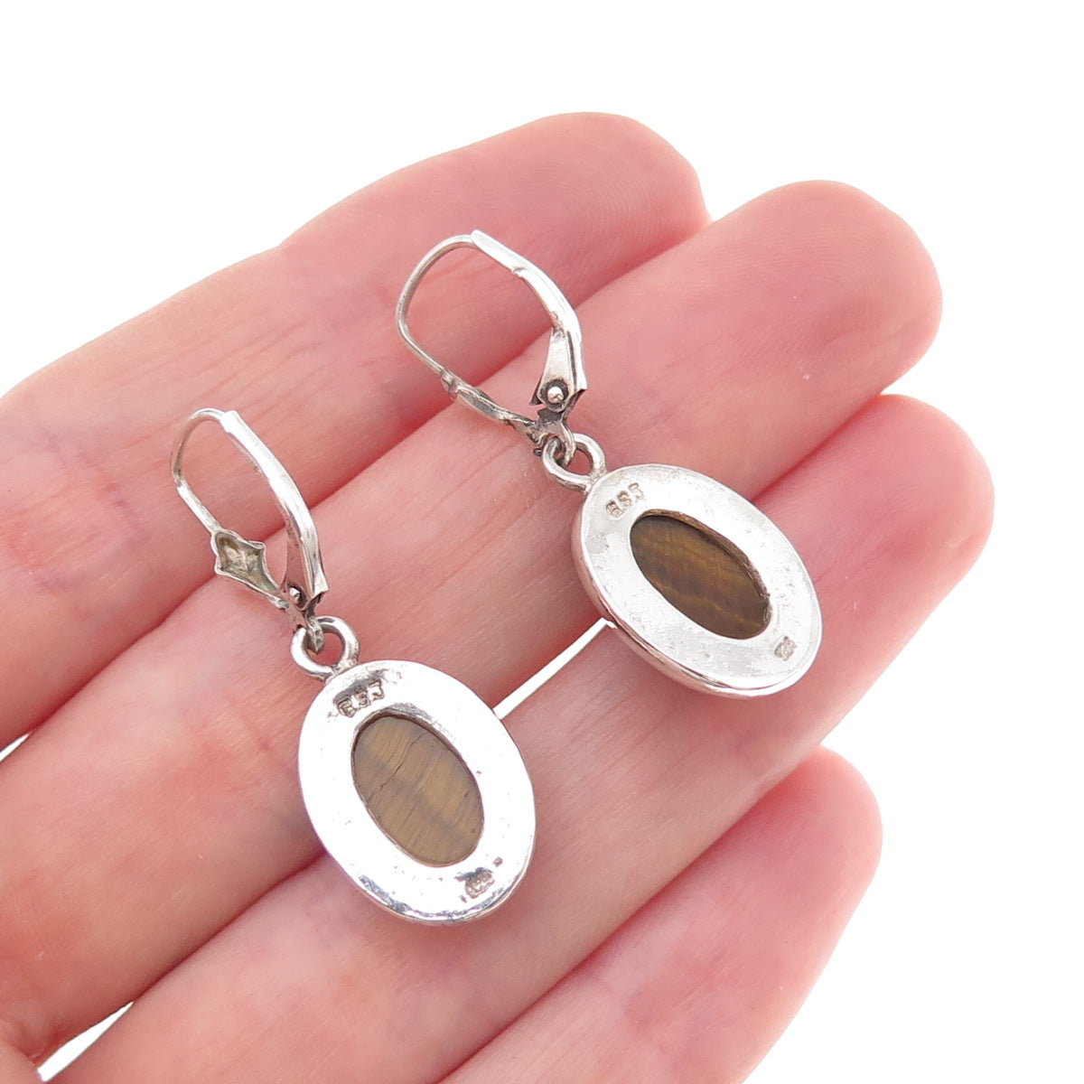 Gold Stone 925 Sterling Silver Vintage Real Tiger Eye Scarab Dangle Earrings