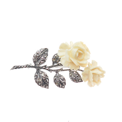 925 Sterling Antique Germany Real Marcasite Rose Pin Brooch (missing 5 stones)