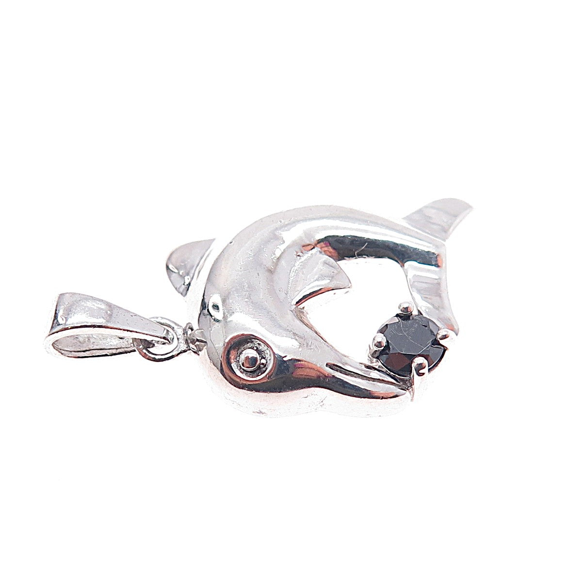 925 Sterling Silver Real Round-Cut Black Spinel Dolphin Charm Pendant