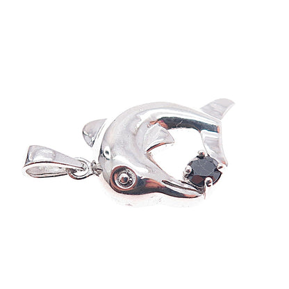 925 Sterling Silver Real Round-Cut Black Spinel Dolphin Charm Pendant