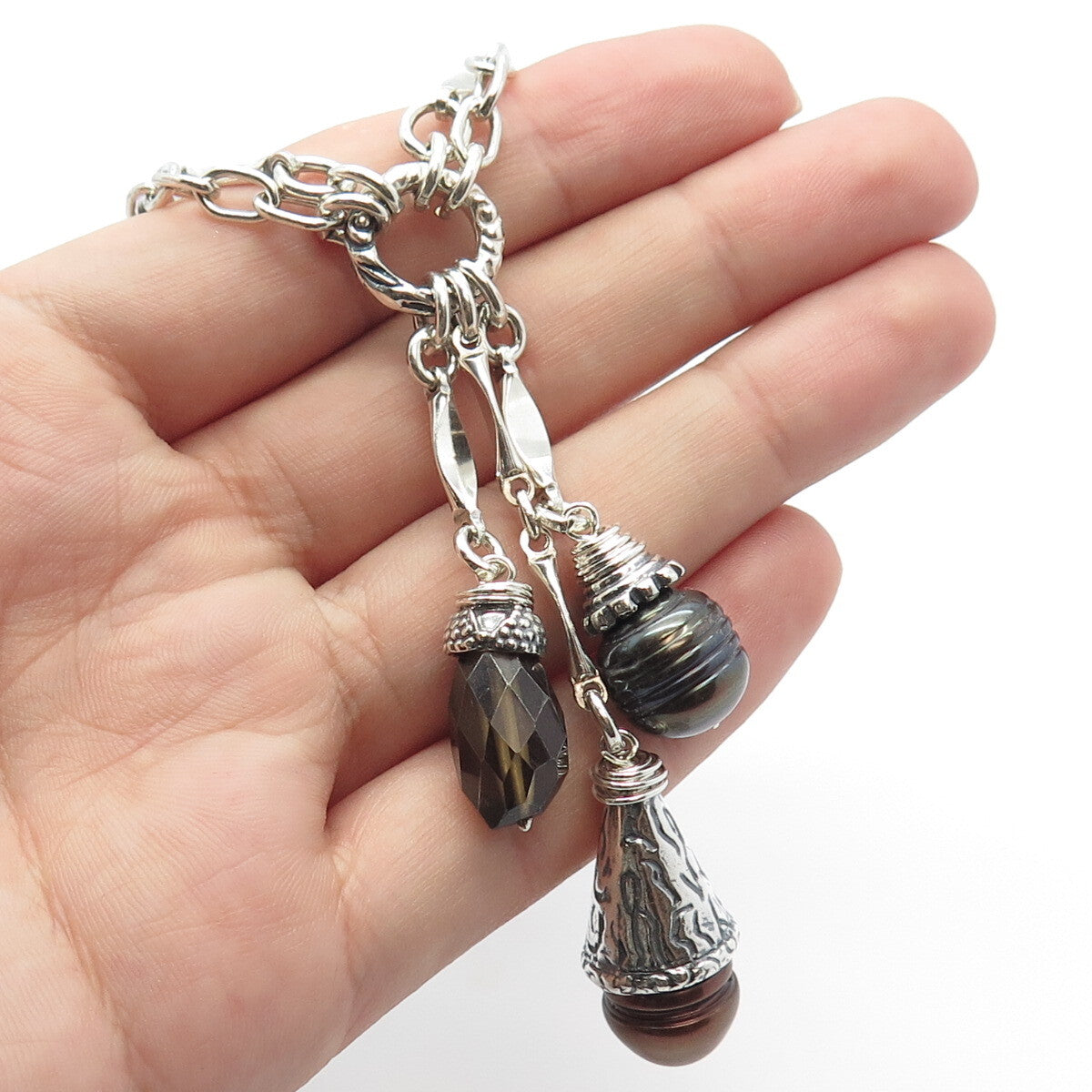 925 Sterling Silver Vintage Alana Love Pearl & Smoky Quartz Chain Necklace 14"