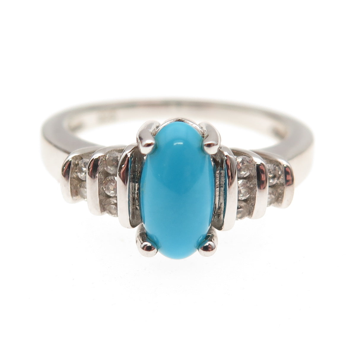 925 Sterling Silver Real Sleeping Beauty Turquoise & White Topaz Ring Size 8.25
