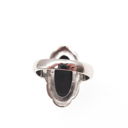 925 Sterling Silver Real Oval-Cut Black Onyx Floral Ring Size 6.25