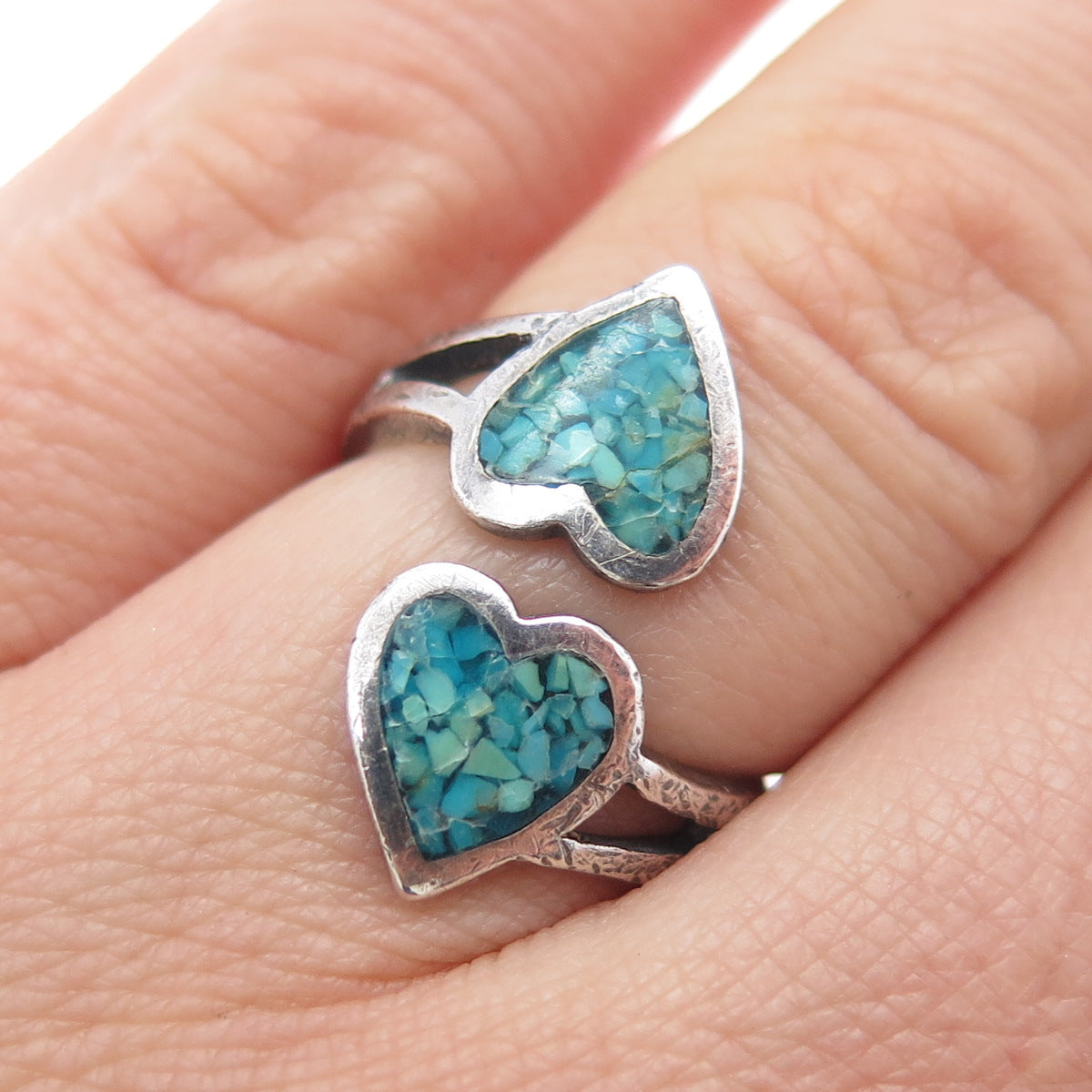 Pacific Jewelry Old Pawn Sterling Turquoise Inlay Heart Adjustable Ring Size 6