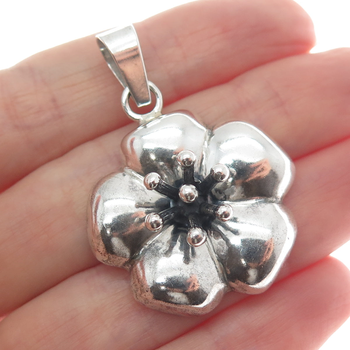 925 Sterling Silver Vintage Mexico Puffy Flower Oxidized Pendant