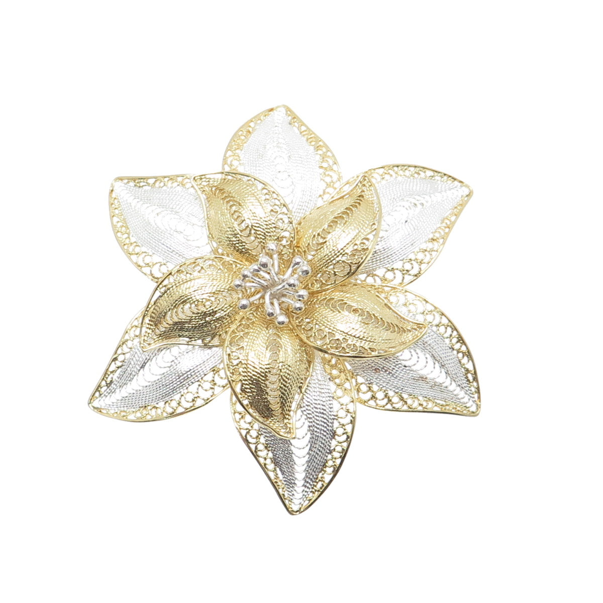 ASJ MAURITIUS 925 Sterling Silver 2-Tone Vintage Filigree Floral Pin Brooch