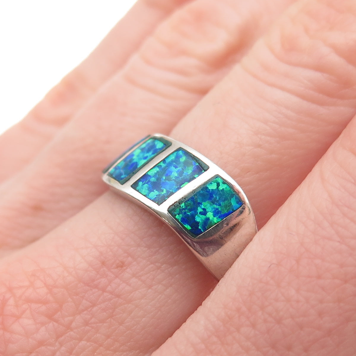 925 Sterling Silver Vintage Real Opal Modernist Wavy Ring Size 7.75
