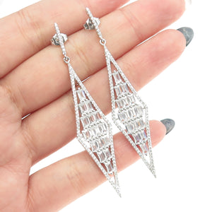 925 Sterling Silver Emerald-Cut Shaped C Z Rhombus Elongated Dangling Earrings