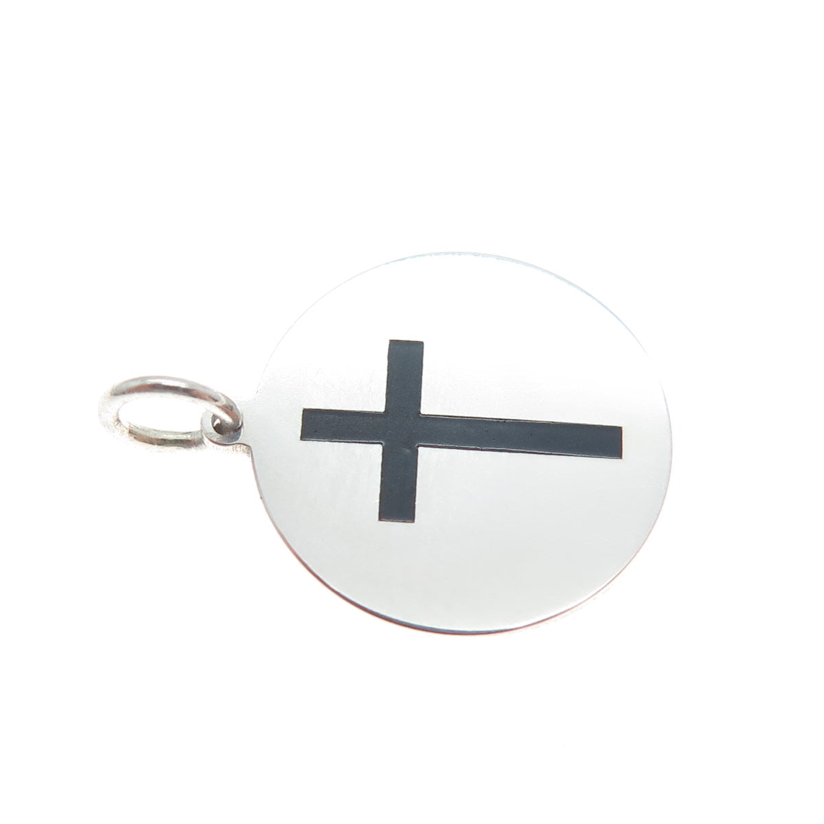 925 Sterling Silver Black Enamel Cross Round Tag Minimalist Charm Pendant