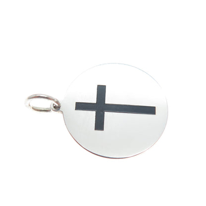 925 Sterling Silver Black Enamel Cross Round Tag Minimalist Charm Pendant