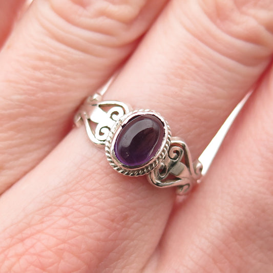 925 Sterling Silver Vintage Real Amethyst Heart Ornate Ring Size 7