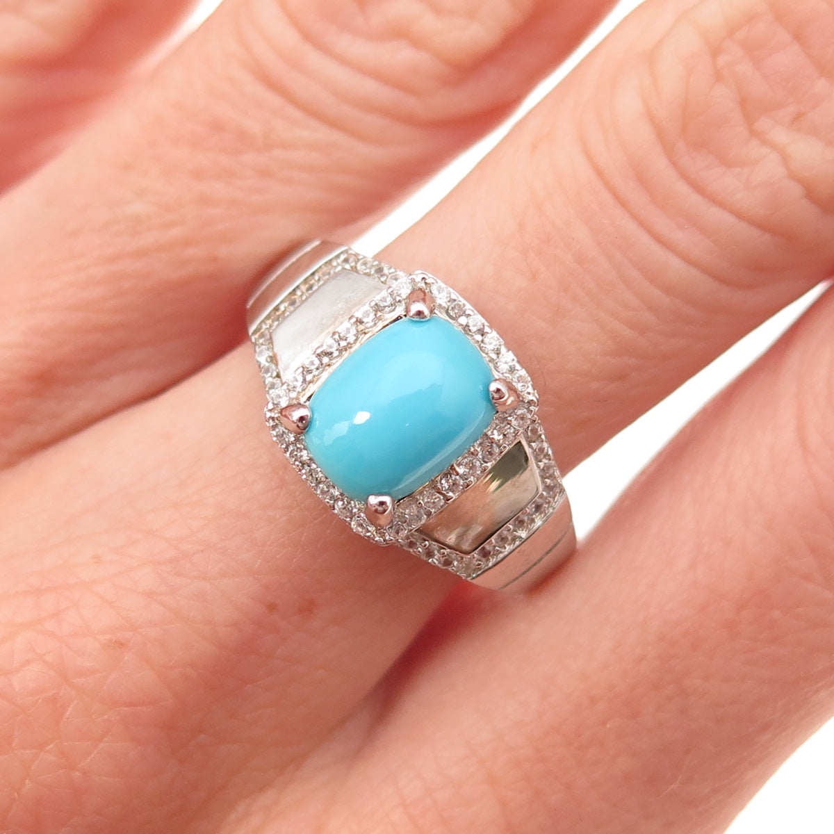 925 Sterling Silver Real Sleeping Beauty Turquoise & White Topaz Ring Size 8.25