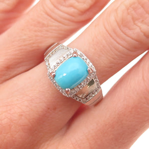 925 Sterling Silver Real Sleeping Beauty Turquoise & White Topaz Ring Size 8.25