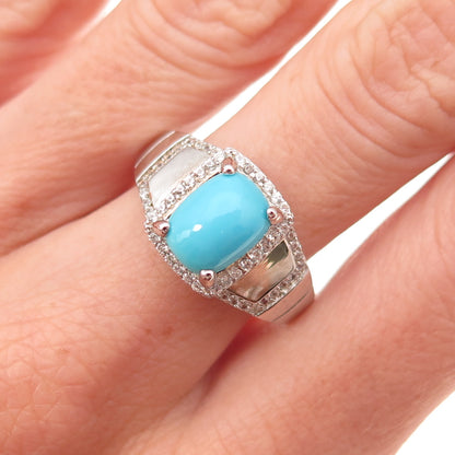 925 Sterling Silver Real Sleeping Beauty Turquoise & White Topaz Ring Size 8.25