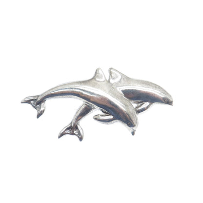 925 Sterling Silver Vintage Mexico Dolphin Couple Oxidized Pin Brooch