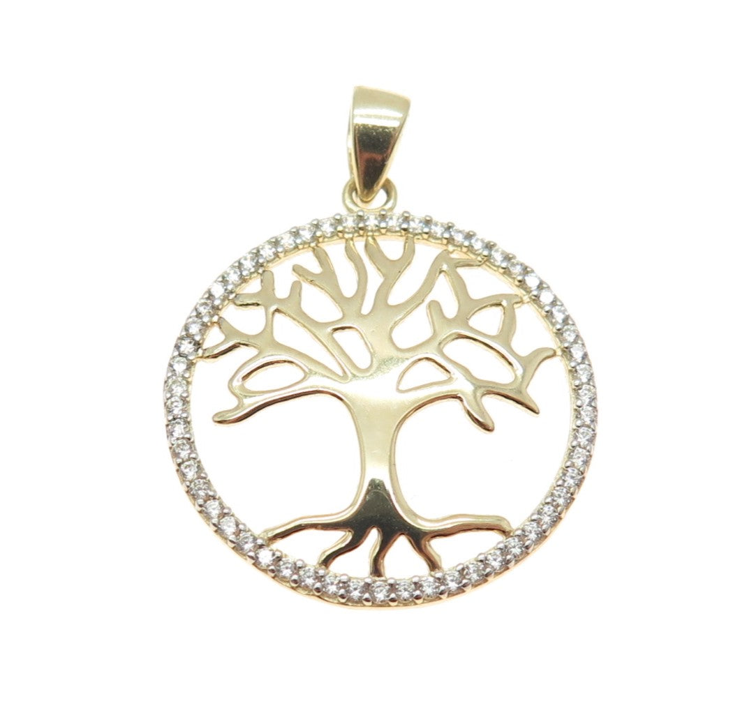 14K Yellow Gold Round-Cut C Z Tree of Life Minimalist Charm Pendant