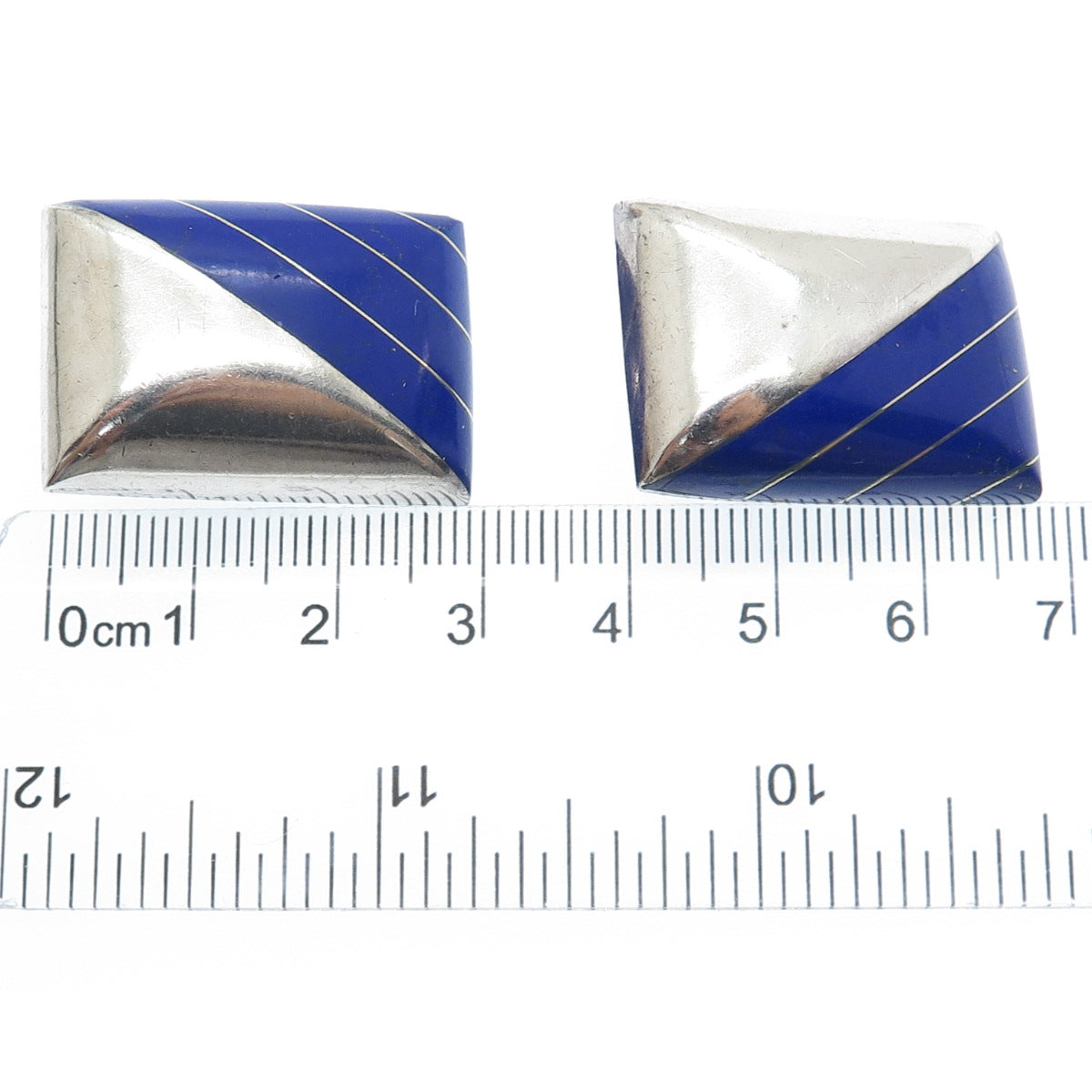 925 Sterling Silver Vintage Mexico Real Lapis Lazuli Modernist Clip On Earrings