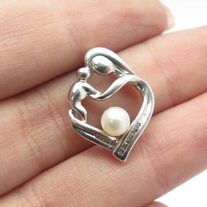 ALWAND VAHAN 925 Sterling Silver Real Diamond & Pearl Mom & Child Heart Pendant