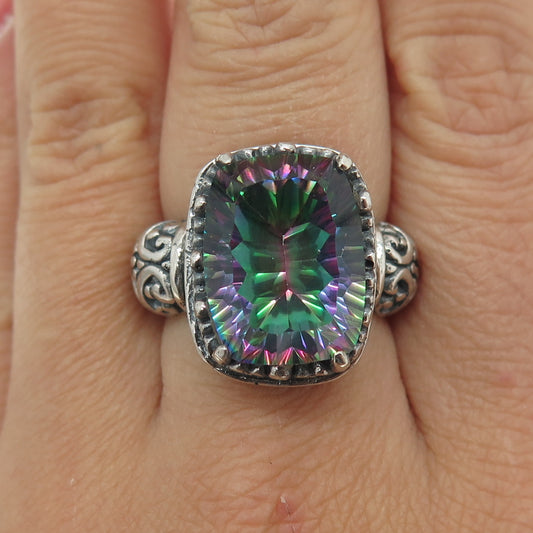 925 Sterling Silver Vintage Real Mystic Topaz Gemstone Ornate Ring Size 7.75