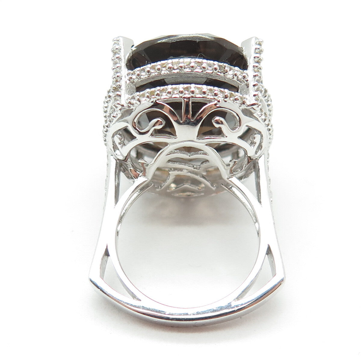 DSMK 925 Sterling Silver Large Smoky Quartz & White Topaz Gem Ring Size 7.25