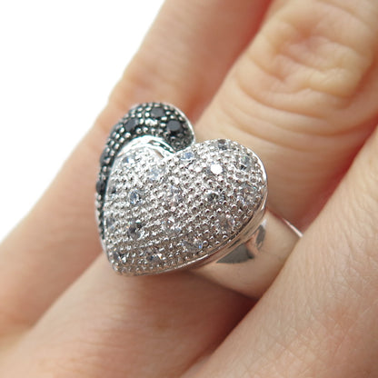 925 Sterling Silver Round-Cut Black & White C Z Heart Ring Size 6.5