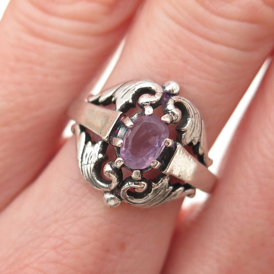 925 Sterling Silver Vintage Real Amethyst Floral Oxidized Ring Size 8.25