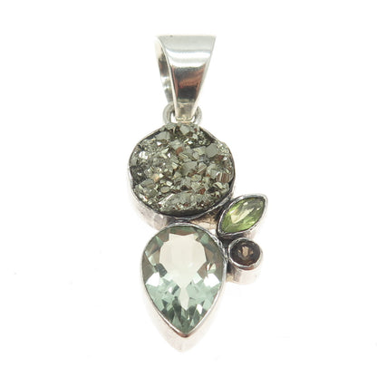 SAJEN Sterling Silver Vintage Real Green Amethyst Quartz Druzy & Peridot Pendant