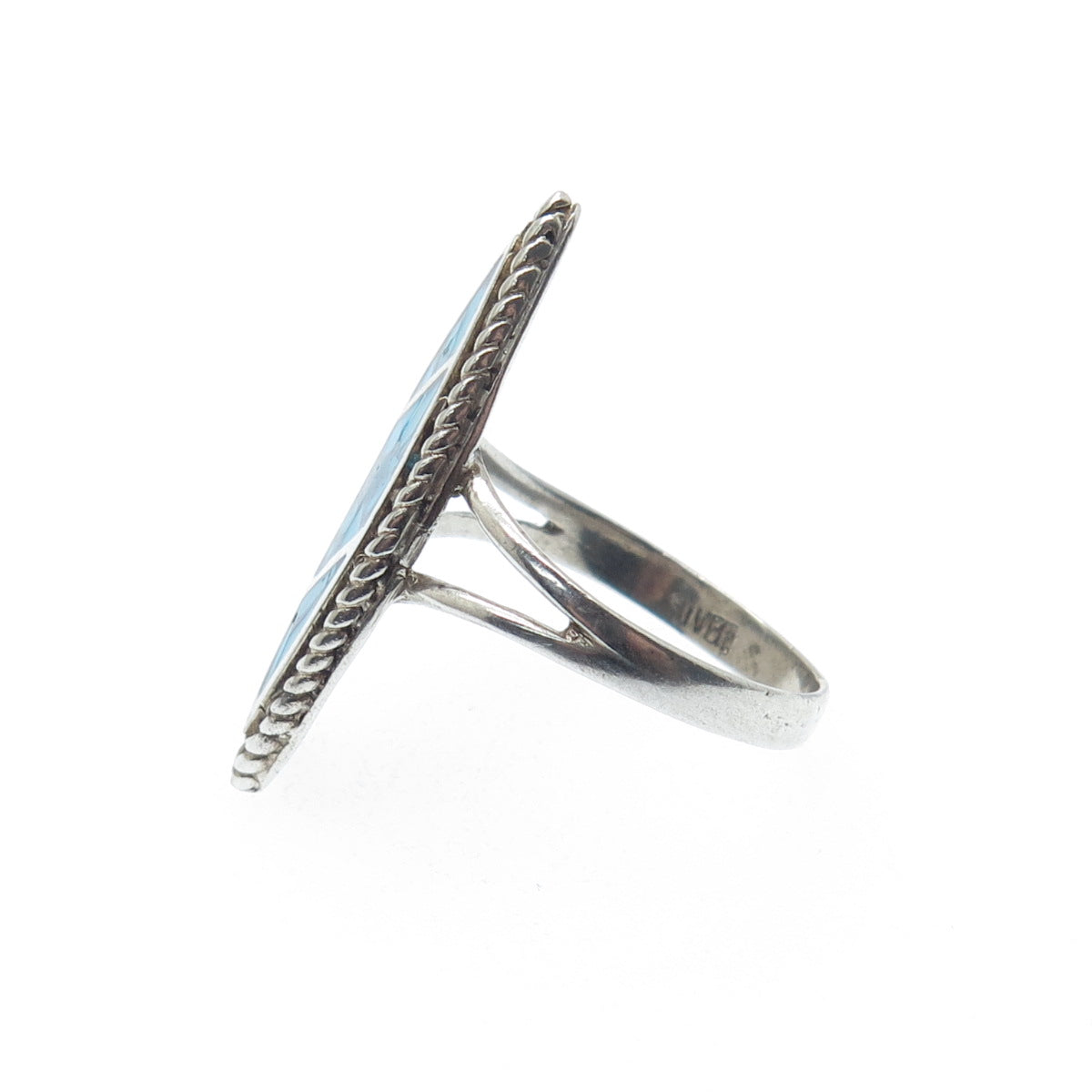 925 Sterling Silver Vintage Southwestern Turquoise Inlay Oxidized Ring Size 6