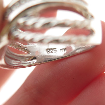 925 Sterling Silver Real Round-Cut Diamond Crisscross Ring Size 7.25