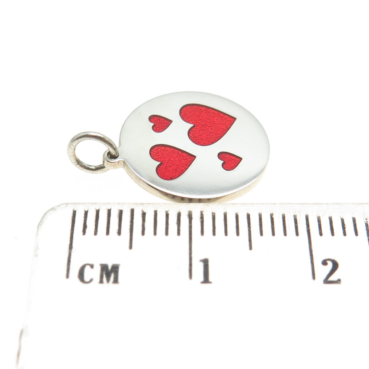 925 Sterling Silver Red Enamel Family Heart Round Tag Minimalist Charm Pendant