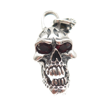 Fly Art Sterling Silver Vintage Real Red Garnet Skull Oxidized 3D Charm Pendant